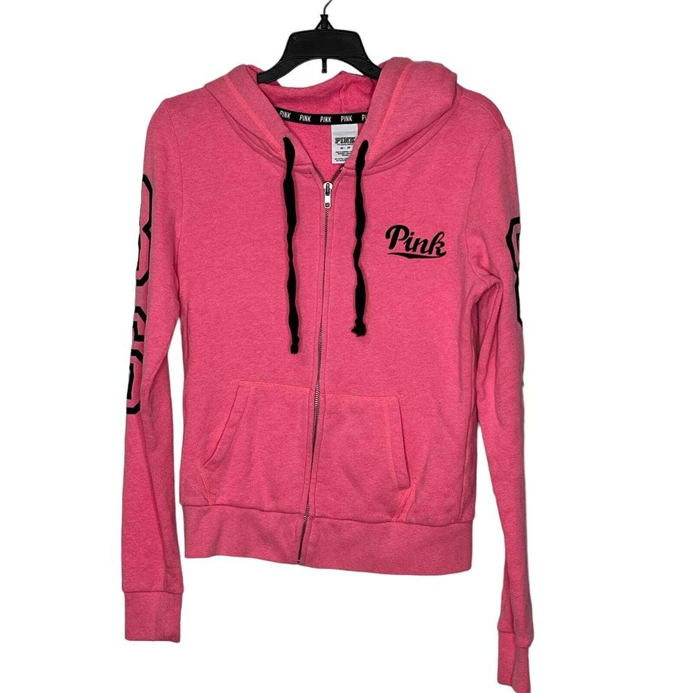 Pink Victoria's Secret Full‎ Zip Jacket Hooded Size XS Pink With Black Lettering